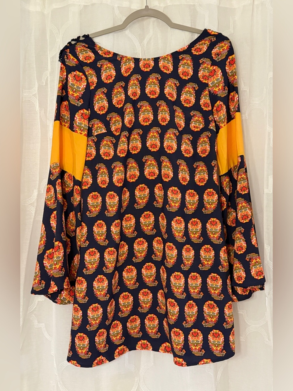 GB Small NWT Navy Mustard Paisley Lace Back Boho Mini Tunic Dress